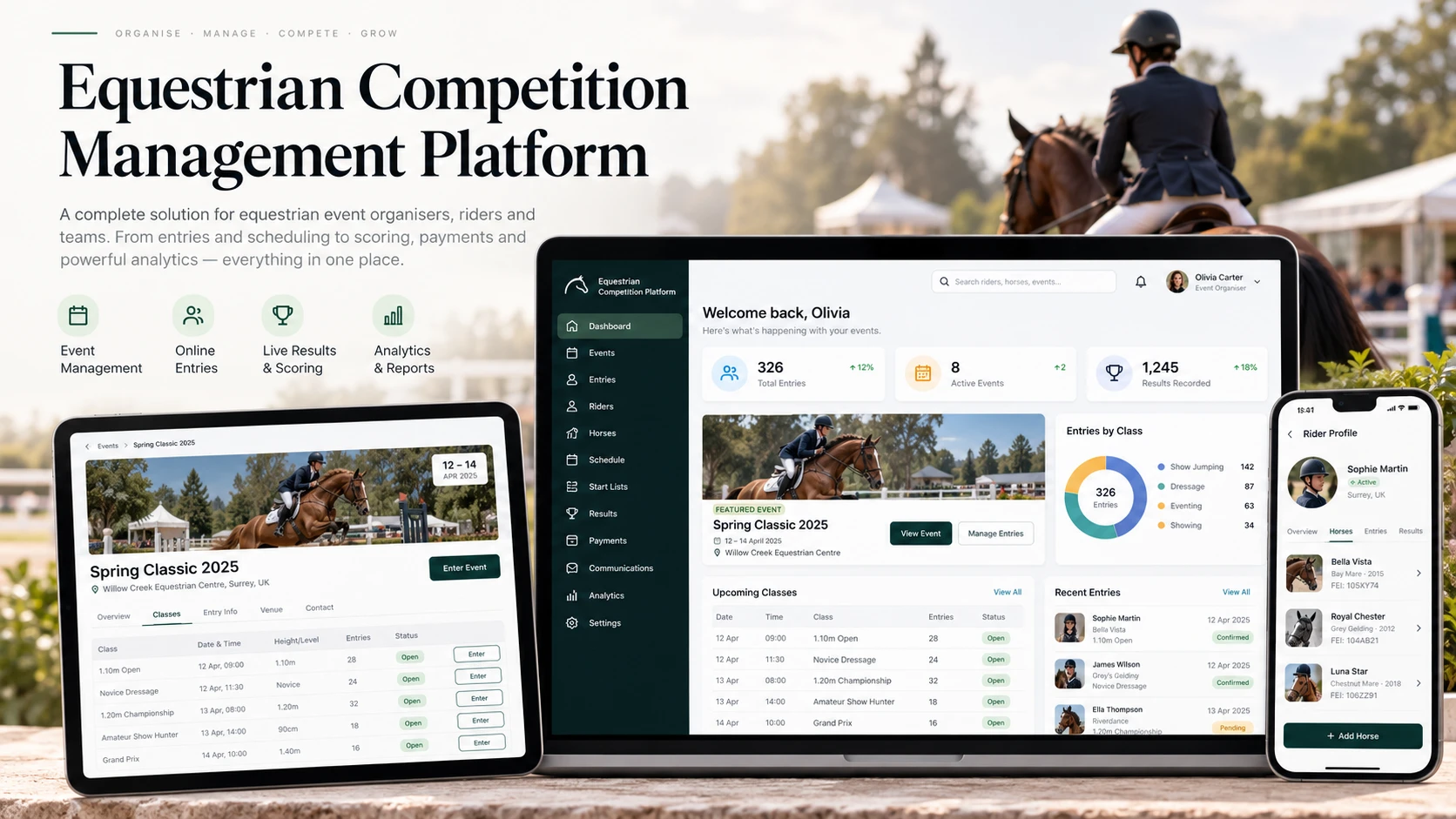 Equestrian competition platform: organiser dashboard on desktop, event class entry on tablet and rider profile on mobile