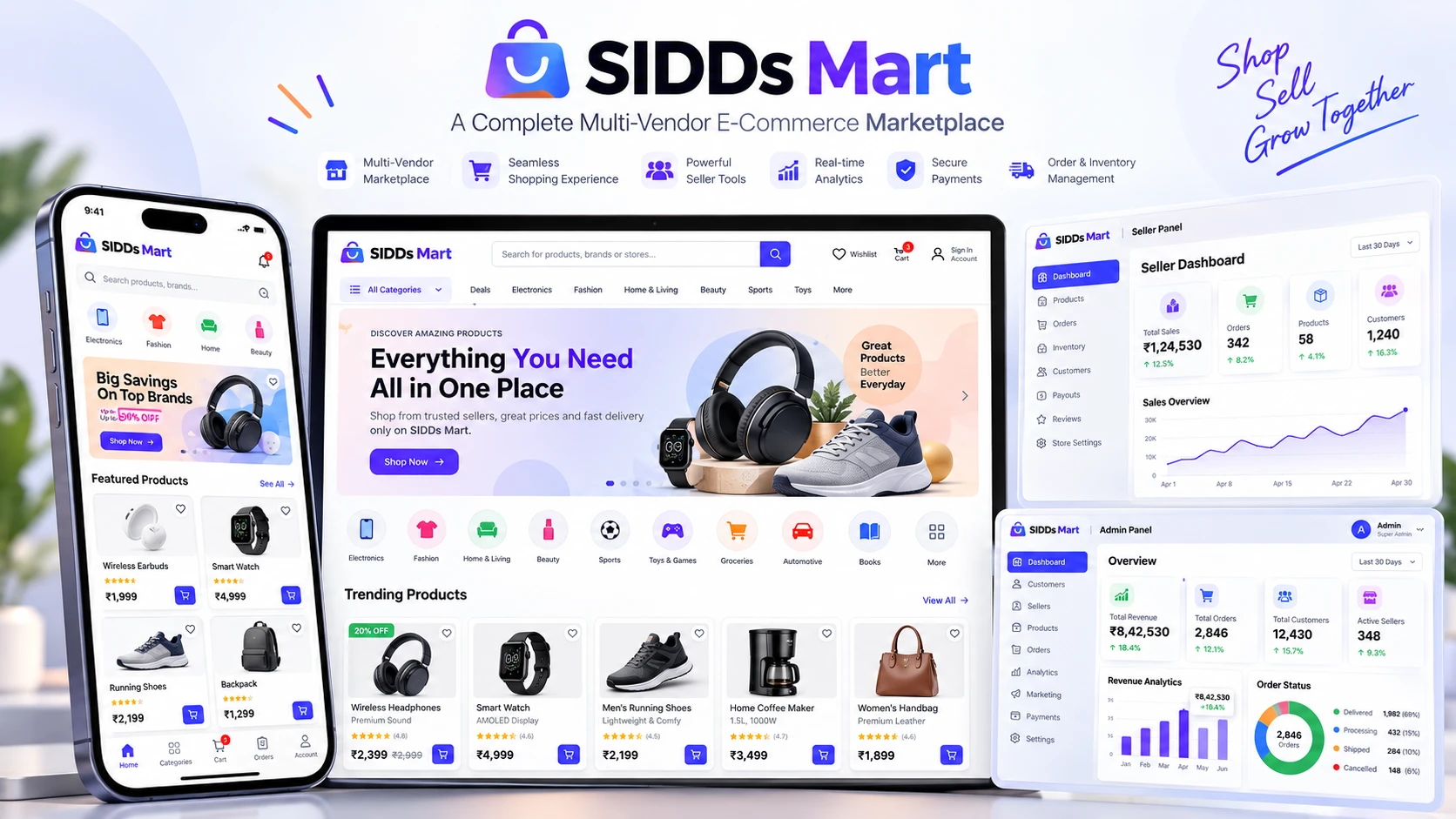 SIDDs Mart customer storefront on desktop and mobile alongside the seller dashboard and admin panel