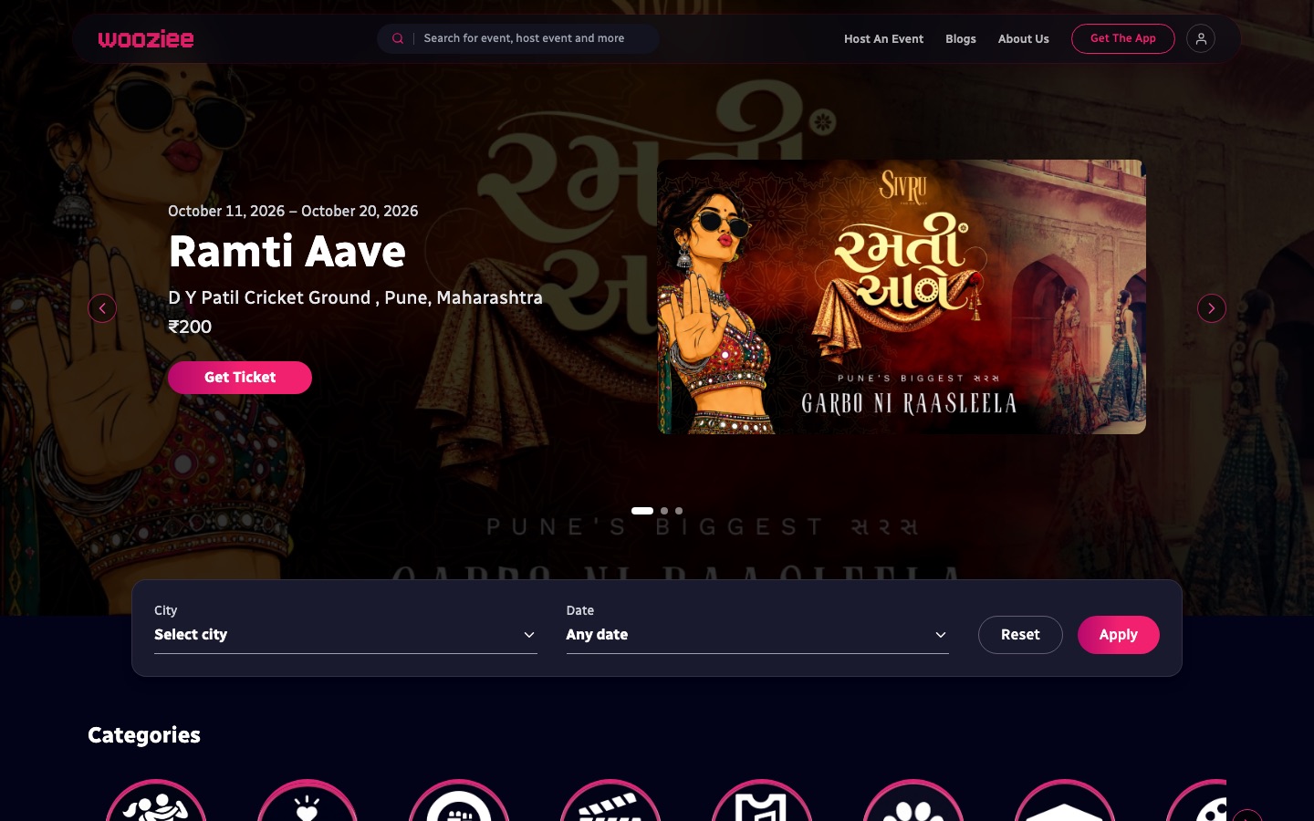 Wooziee homepage with a featured event carousel, city and date filters and event categories